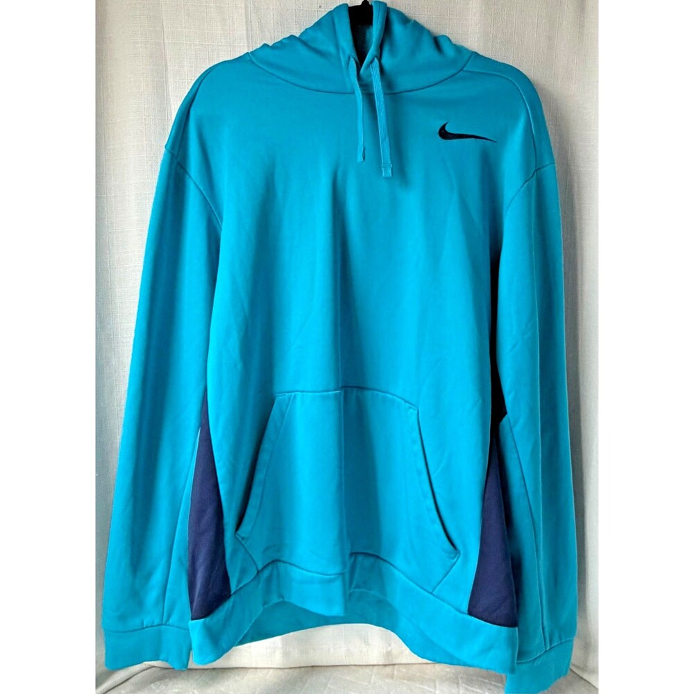 Nike Therma-FIT Hoodie Mens XL Teal Blue Colorblock Pullover Fleece Swoosh